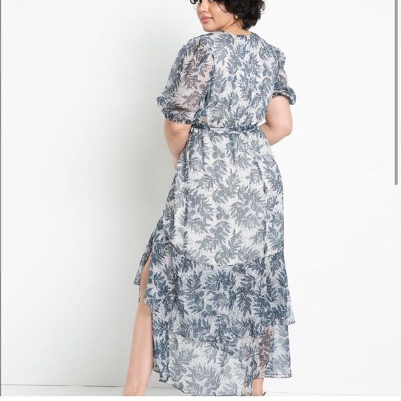 Eloquii Sheer Floral Wrap Dress Ruffled Tiered Skirt 16 Blue Cream - Picture 4 of 16